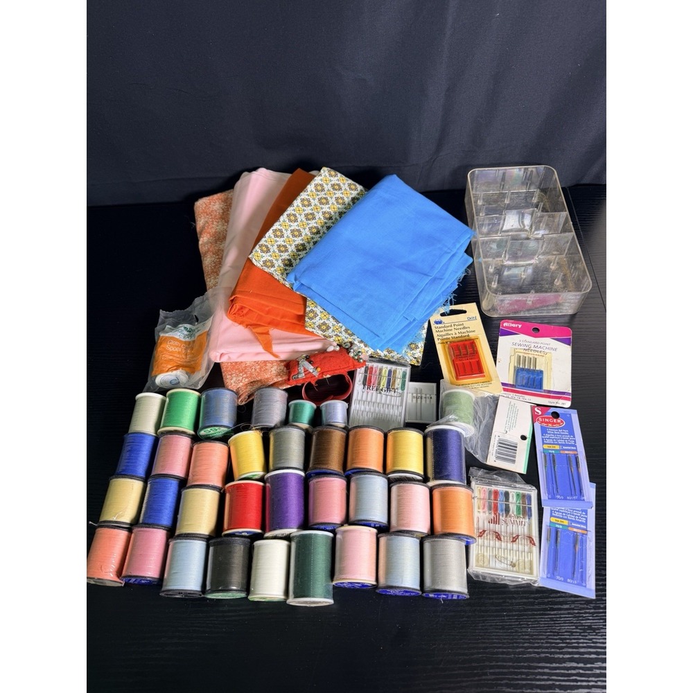 34 Spools Thread Fabric Scraps Sewing Needles Notions Mixed Craft Lot